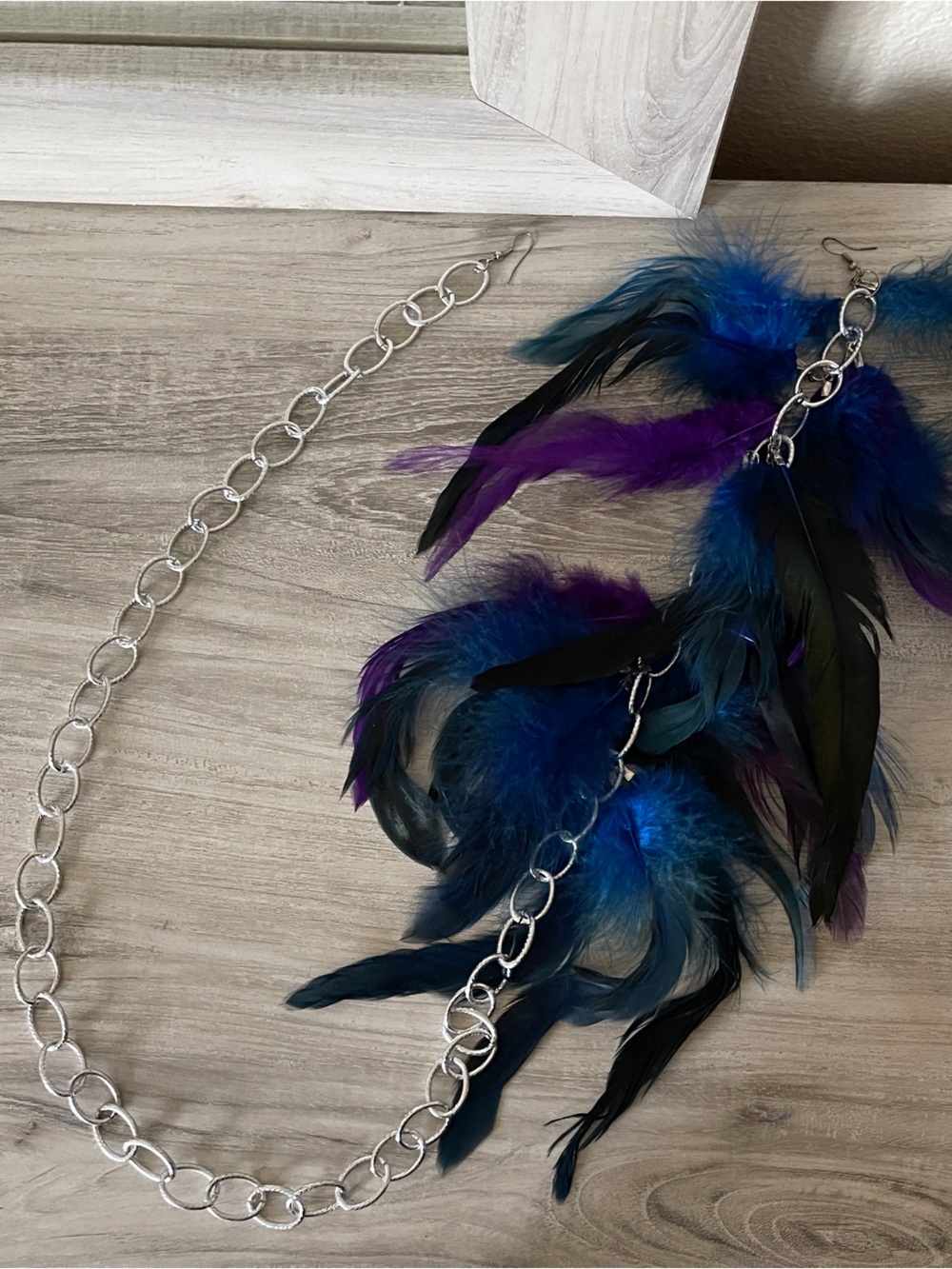 Blue Purple Feather Silver Chain Earring Necklace 29”